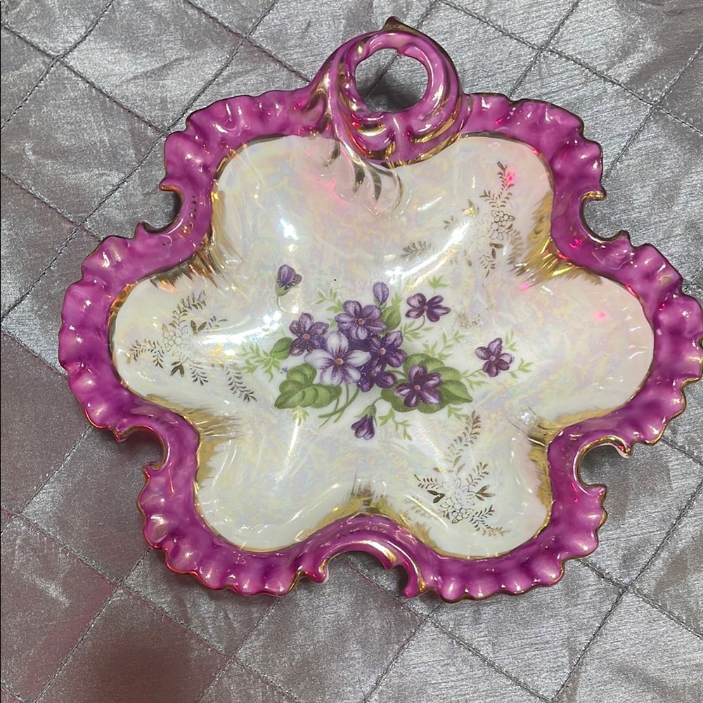 Floral Decorative Plate with Purple Trim